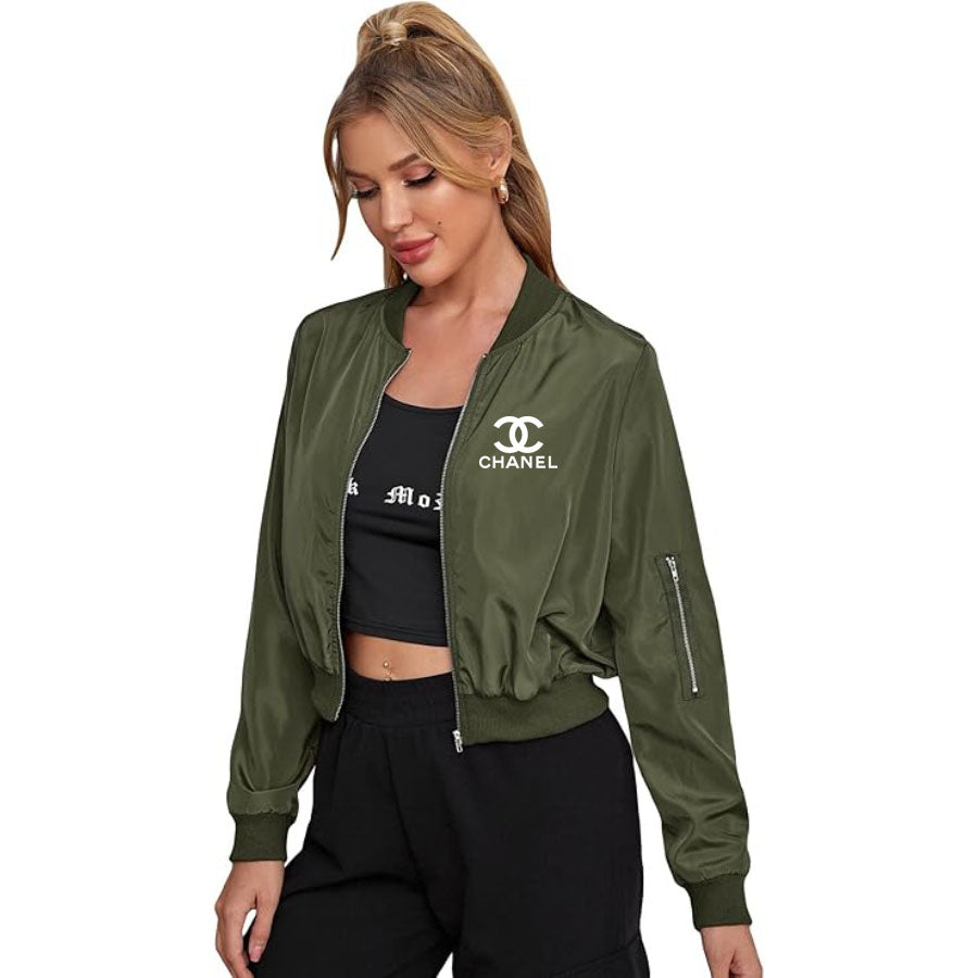 Women's Chanel Lightweight Bomber Biker Jacket Zip up Windbreaker Crop Bomber Jacket Coat