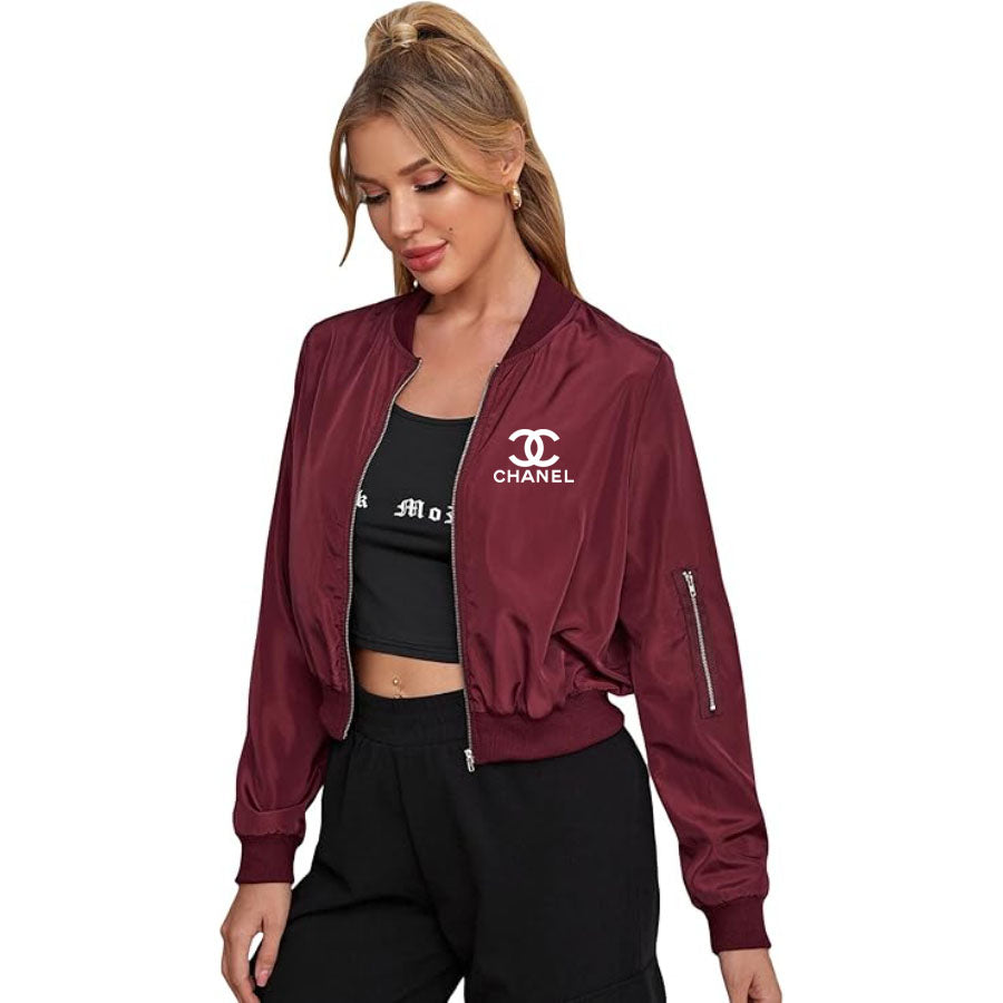 Women's Chanel Lightweight Bomber Biker Jacket Zip up Windbreaker Crop Bomber Jacket Coat