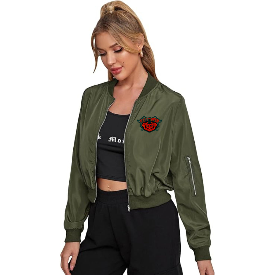 Women's Halloween Pumpkin Lightweight Bomber Biker Jacket Zip up Windbreaker Crop Bomber Jacket Coat