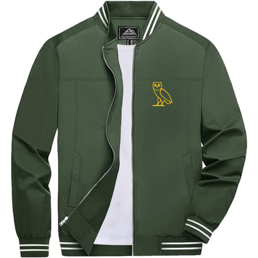 Men's OVO Owl Lightweight Zip-Up Bomber Jacket with Ribbed Collar and Cuffs - Versatile Casual Outerwear
