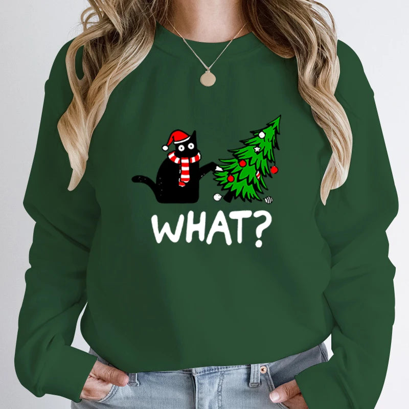 Black Cat Pushing Christmas Tree Sweatshirt