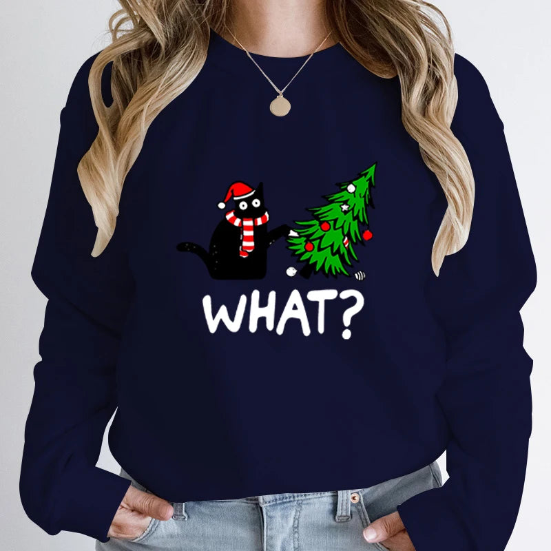 Black Cat Pushing Christmas Tree Sweatshirt