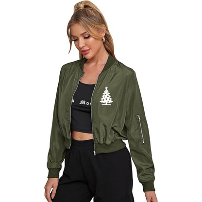 Women's Christmas Tree Lightweight Bomber Biker Jacket Zip up Windbreaker Crop Bomber Jacket Coat