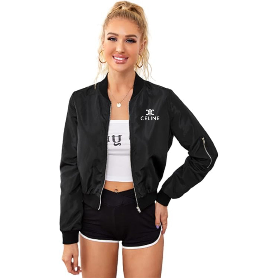 Women's Celine Lightweight Bomber Biker Jacket Zip up Windbreaker Crop Bomber Jacket Coat