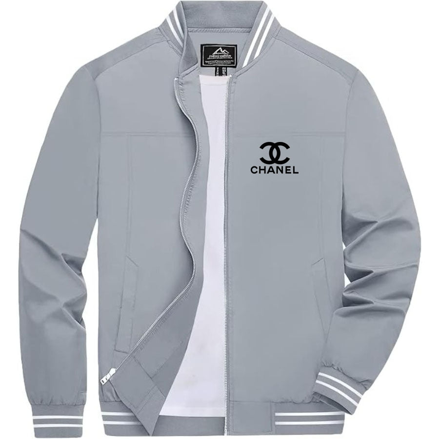 Men's Chanel Lightweight Zip-Up Bomber Jacket with Ribbed Collar and Cuffs - Versatile Casual Outerwear