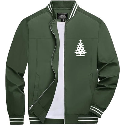 Men's Christmas Tree Lightweight Zip-Up Bomber Jacket with Ribbed Collar and Cuffs - Versatile Casual Outerwear