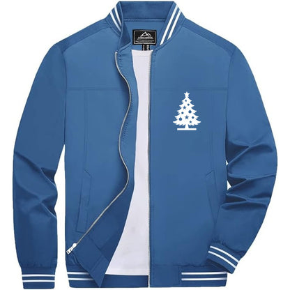 Men's Christmas Tree Lightweight Zip-Up Bomber Jacket with Ribbed Collar and Cuffs - Versatile Casual Outerwear