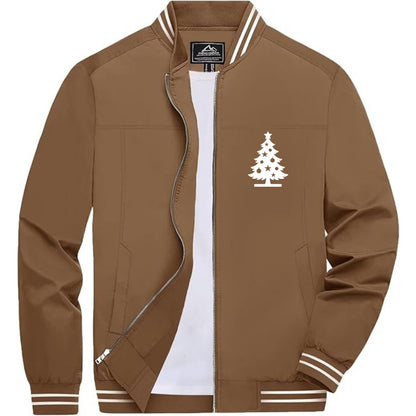 Men's Christmas Tree Lightweight Zip-Up Bomber Jacket with Ribbed Collar and Cuffs - Versatile Casual Outerwear