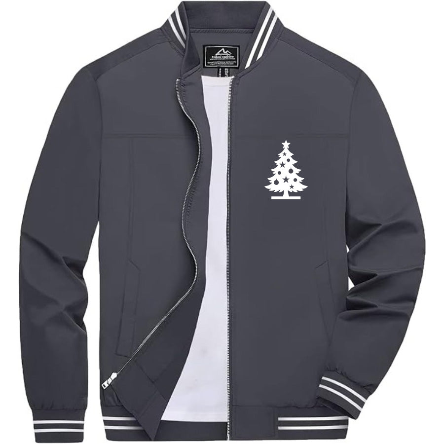 Men's Christmas Tree Lightweight Zip-Up Bomber Jacket with Ribbed Collar and Cuffs - Versatile Casual Outerwear