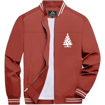 Men's Christmas Tree Lightweight Zip-Up Bomber Jacket with Ribbed Collar and Cuffs - Versatile Casual Outerwear
