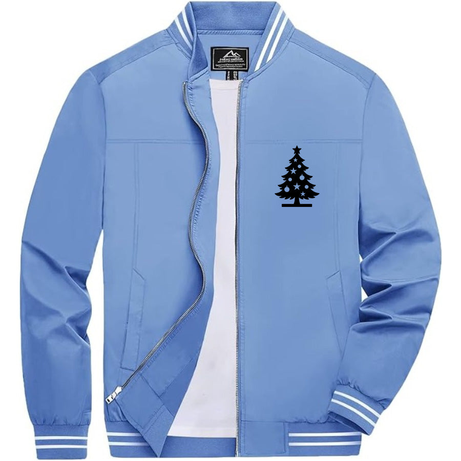 Men's Christmas Tree Lightweight Zip-Up Bomber Jacket with Ribbed Collar and Cuffs - Versatile Casual Outerwear
