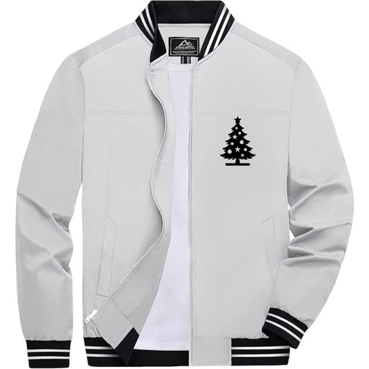 Men's Christmas Tree Lightweight Zip-Up Bomber Jacket with Ribbed Collar and Cuffs - Versatile Casual Outerwear