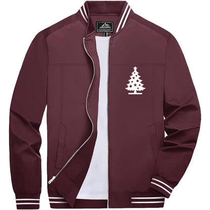 Men's Christmas Tree Lightweight Zip-Up Bomber Jacket with Ribbed Collar and Cuffs - Versatile Casual Outerwear