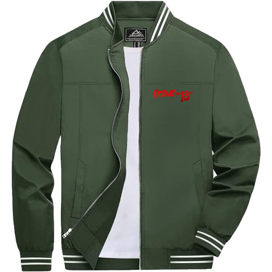 Men's Friday The 13th Lightweight Zip-Up Bomber Jacket with Ribbed Collar and Cuffs - Versatile Casual Outerwear