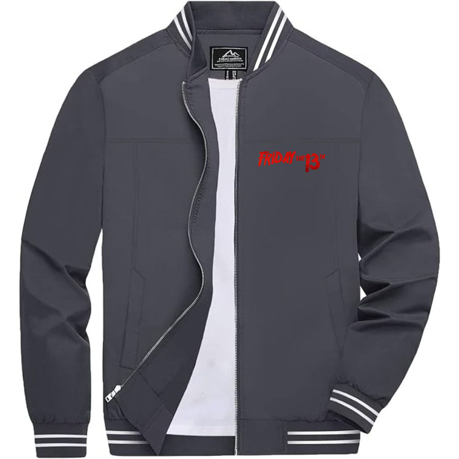 Men's Friday The 13th Lightweight Zip-Up Bomber Jacket with Ribbed Collar and Cuffs - Versatile Casual Outerwear