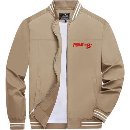 Men's Friday The 13th Lightweight Zip-Up Bomber Jacket with Ribbed Collar and Cuffs - Versatile Casual Outerwear