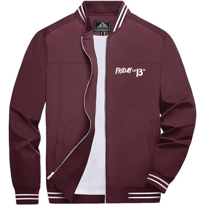 Men's Friday The 13th Lightweight Zip-Up Bomber Jacket with Ribbed Collar and Cuffs - Versatile Casual Outerwear