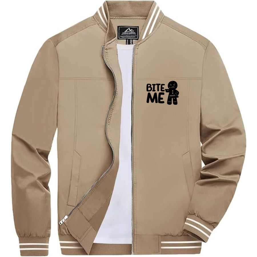 Men's Gingerbread Man Lightweight Zip-Up Bomber Jacket with Ribbed Collar and Cuffs - Versatile Casual Outerwear