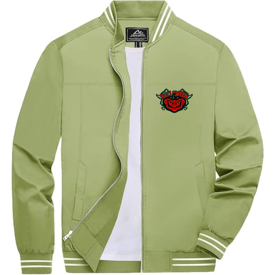 Men's Halloween Pumpkin Lightweight Zip-Up Bomber Jacket with Ribbed Collar and Cuffs - Versatile Casual Outerwear