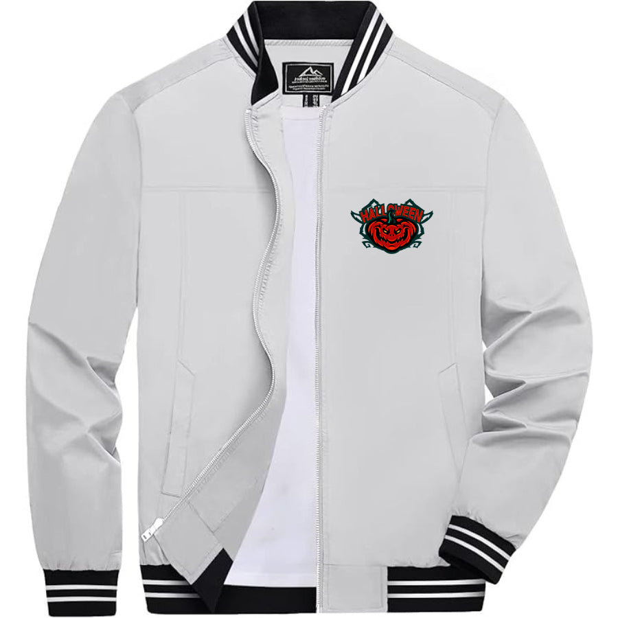 Men's Halloween Pumpkin Lightweight Zip-Up Bomber Jacket with Ribbed Collar and Cuffs - Versatile Casual Outerwear