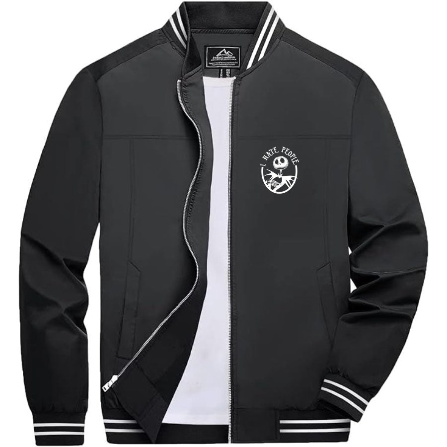Men's Jack Skellington Lightweight Zip-Up Bomber Jacket with Ribbed Collar and Cuffs - Versatile Casual Outerwear