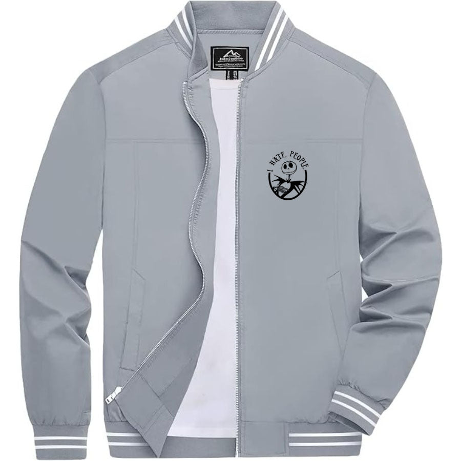 Men's Jack Skellington Lightweight Zip-Up Bomber Jacket with Ribbed Collar and Cuffs - Versatile Casual Outerwear