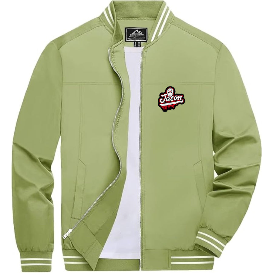 Men's Jason Voorhees Lightweight Zip-Up Bomber Jacket with Ribbed Collar and Cuffs - Versatile Casual Outerwear