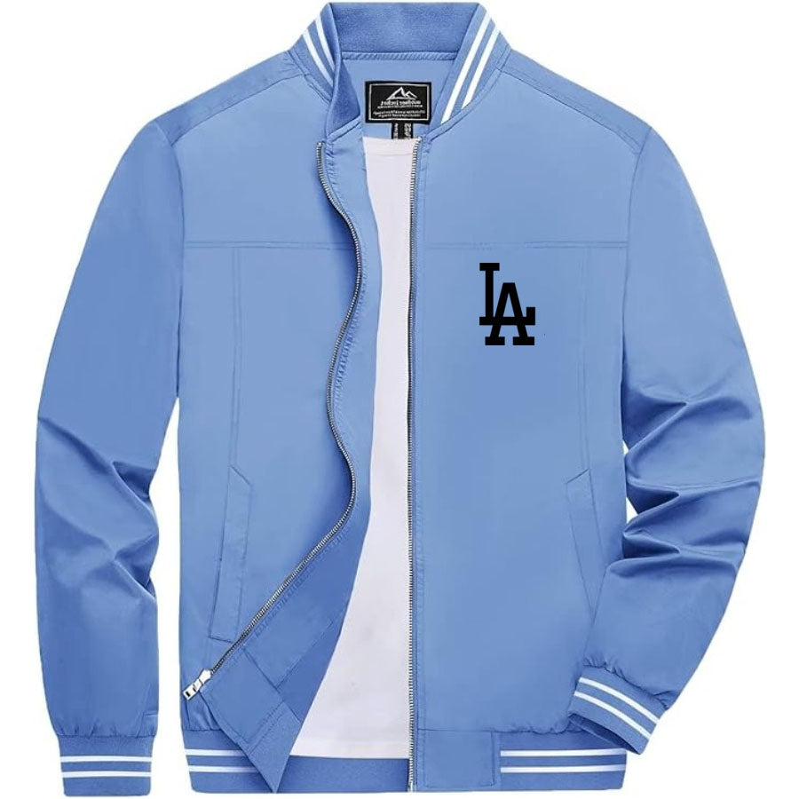Men's LA Dodgers Lightweight Zip-Up Bomber Jacket with Ribbed Collar and Cuffs - Versatile Casual Outerwear