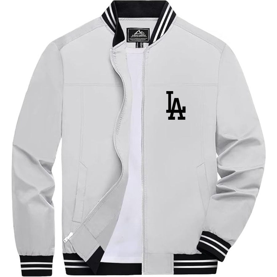 Men's LA Dodgers Lightweight Zip-Up Bomber Jacket with Ribbed Collar and Cuffs - Versatile Casual Outerwear