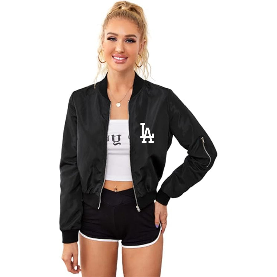 Women's LA Dodgers Lightweight Bomber Biker Jacket Zip up Windbreaker Crop Bomber Jacket Coat