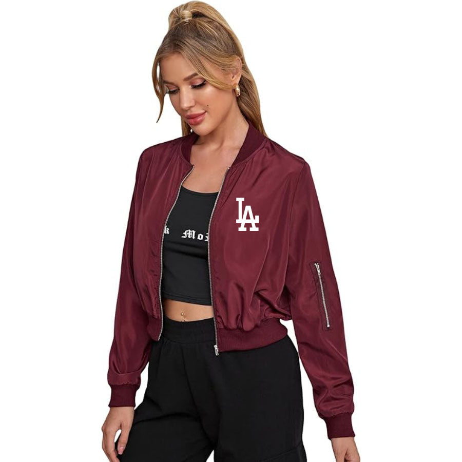 Women's LA Dodgers Lightweight Bomber Biker Jacket Zip up Windbreaker Crop Bomber Jacket Coat