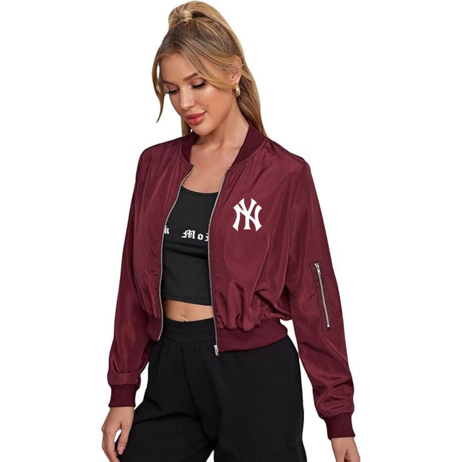 Women's NY Yankees Lightweight Bomber Biker Jacket Zip up Windbreaker Crop Bomber Jacket Coat