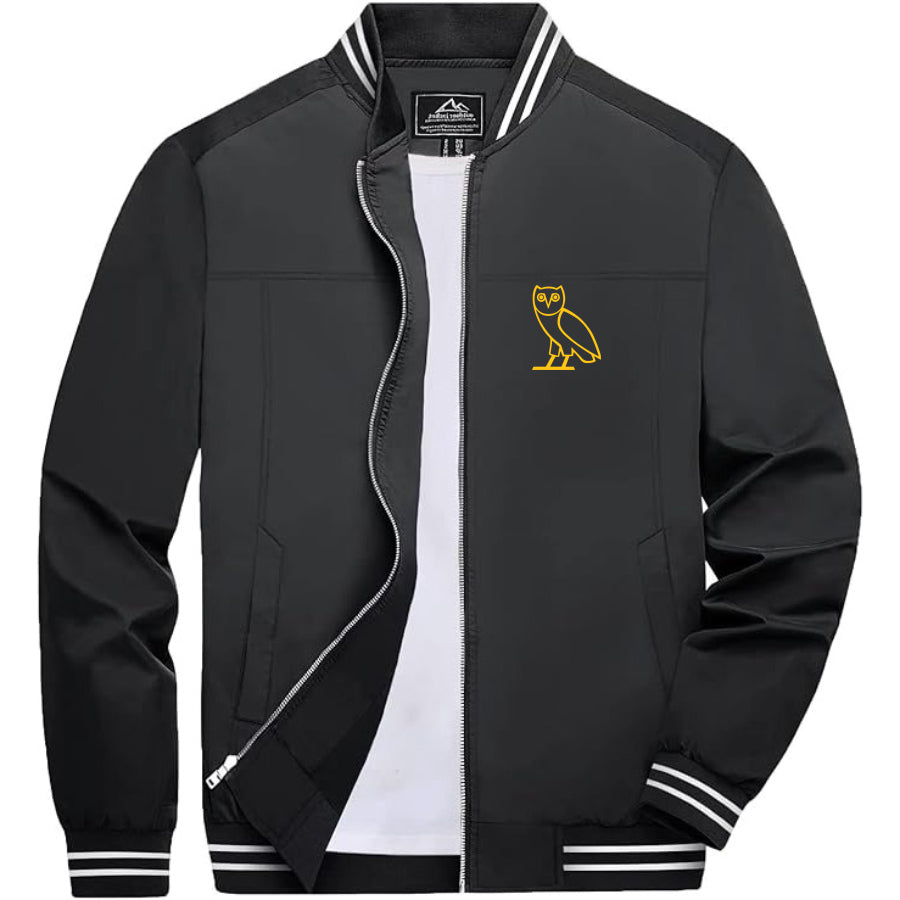 Men's OVO Owl Lightweight Zip-Up Bomber Jacket with Ribbed Collar and Cuffs - Versatile Casual Outerwear