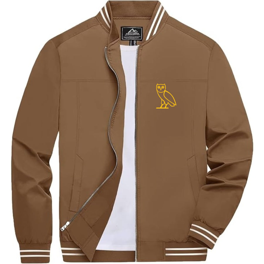 Men's OVO Owl Lightweight Zip-Up Bomber Jacket with Ribbed Collar and Cuffs - Versatile Casual Outerwear