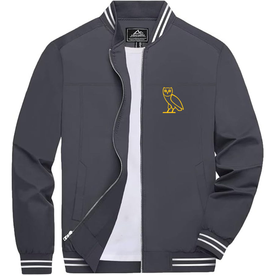 Men's OVO Owl Lightweight Zip-Up Bomber Jacket with Ribbed Collar and Cuffs - Versatile Casual Outerwear