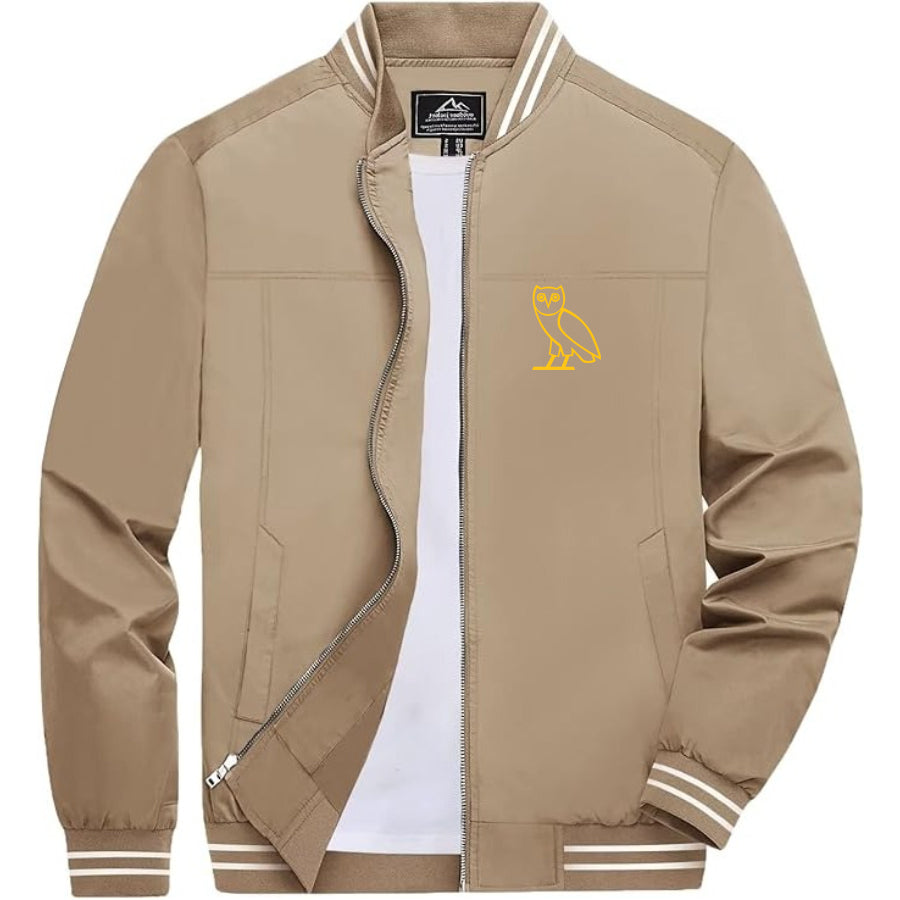 Men's OVO Owl Lightweight Zip-Up Bomber Jacket with Ribbed Collar and Cuffs - Versatile Casual Outerwear