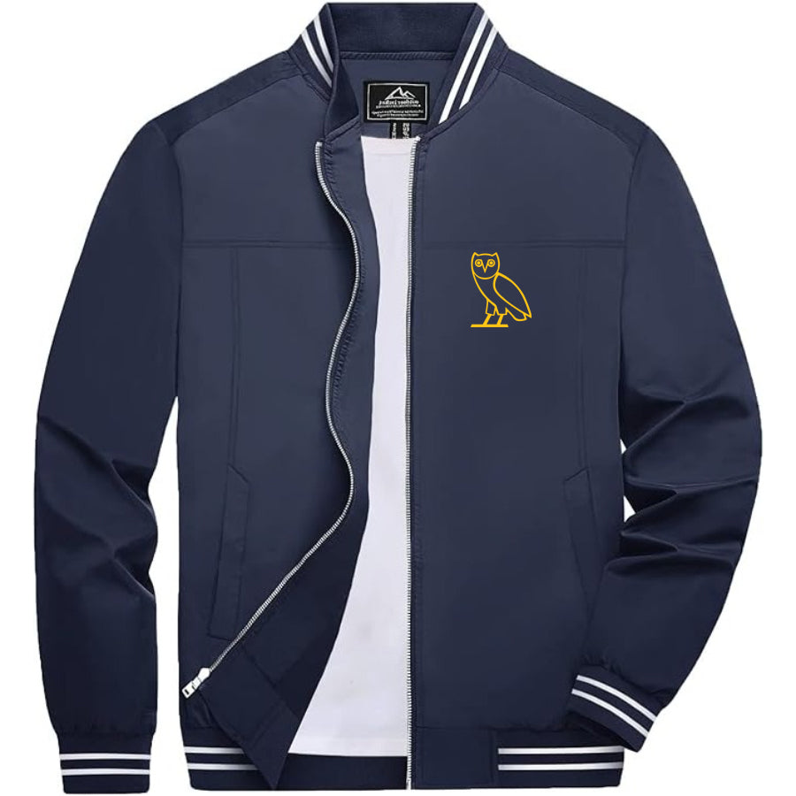Men's OVO Owl Lightweight Zip-Up Bomber Jacket with Ribbed Collar and Cuffs - Versatile Casual Outerwear