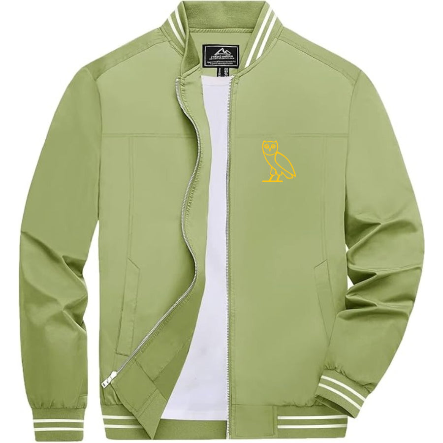 Men's OVO Owl Lightweight Zip-Up Bomber Jacket with Ribbed Collar and Cuffs - Versatile Casual Outerwear
