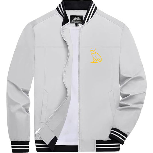 Men's OVO Owl Lightweight Zip-Up Bomber Jacket with Ribbed Collar and Cuffs - Versatile Casual Outerwear