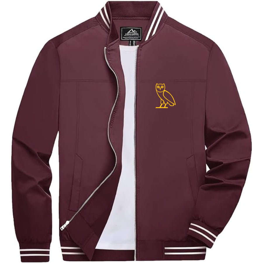 Men's OVO Owl Lightweight Zip-Up Bomber Jacket with Ribbed Collar and Cuffs - Versatile Casual Outerwear