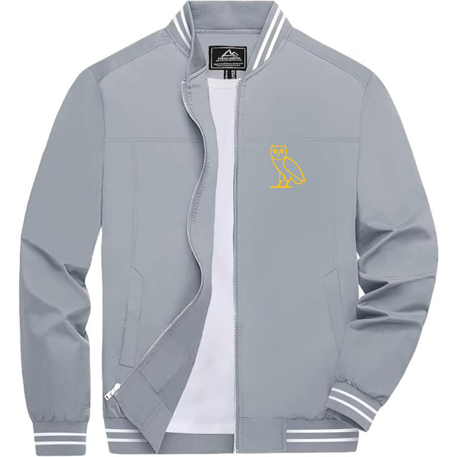 Men's OVO Owl Lightweight Zip-Up Bomber Jacket with Ribbed Collar and Cuffs - Versatile Casual Outerwear