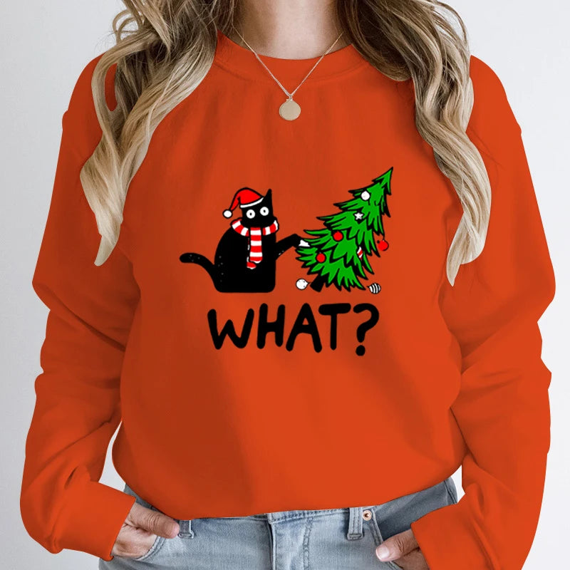 Black Cat Pushing Christmas Tree Sweatshirt