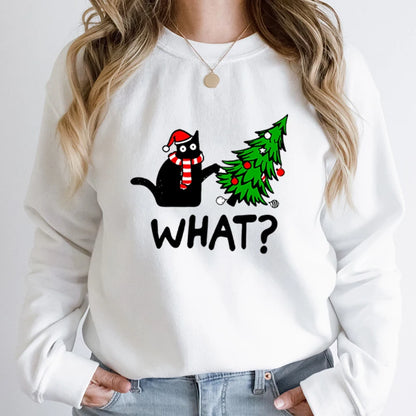 Black Cat Pushing Christmas Tree Sweatshirt