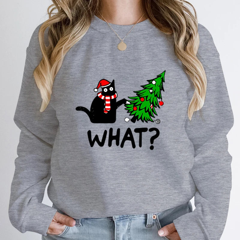 Black Cat Pushing Christmas Tree Sweatshirt