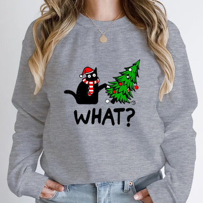 Black Cat Pushing Christmas Tree Sweatshirt