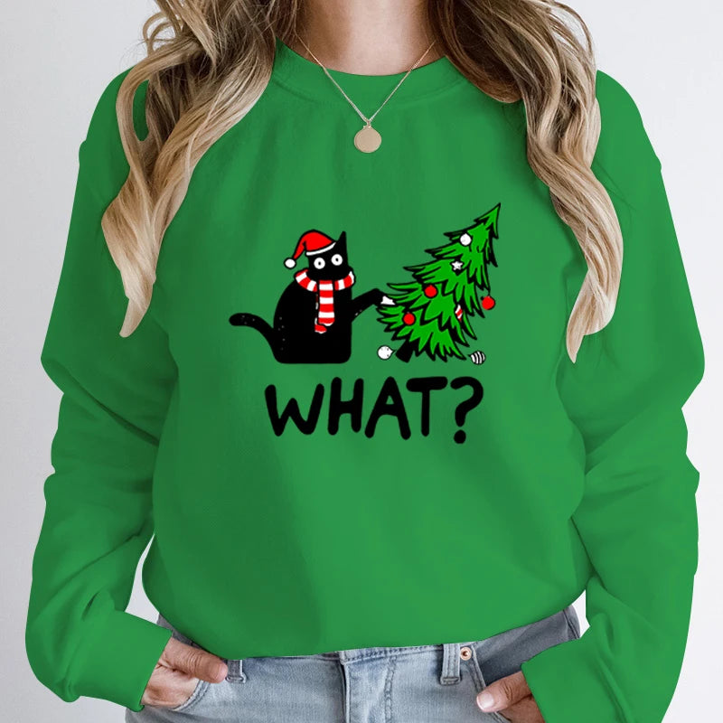 Black Cat Pushing Christmas Tree Sweatshirt