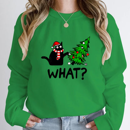 Black Cat Pushing Christmas Tree Sweatshirt