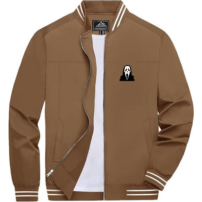 Men's Scream Ghostface Lightweight Zip-Up Bomber Jacket with Ribbed Collar and Cuffs - Versatile Casual Outerwear