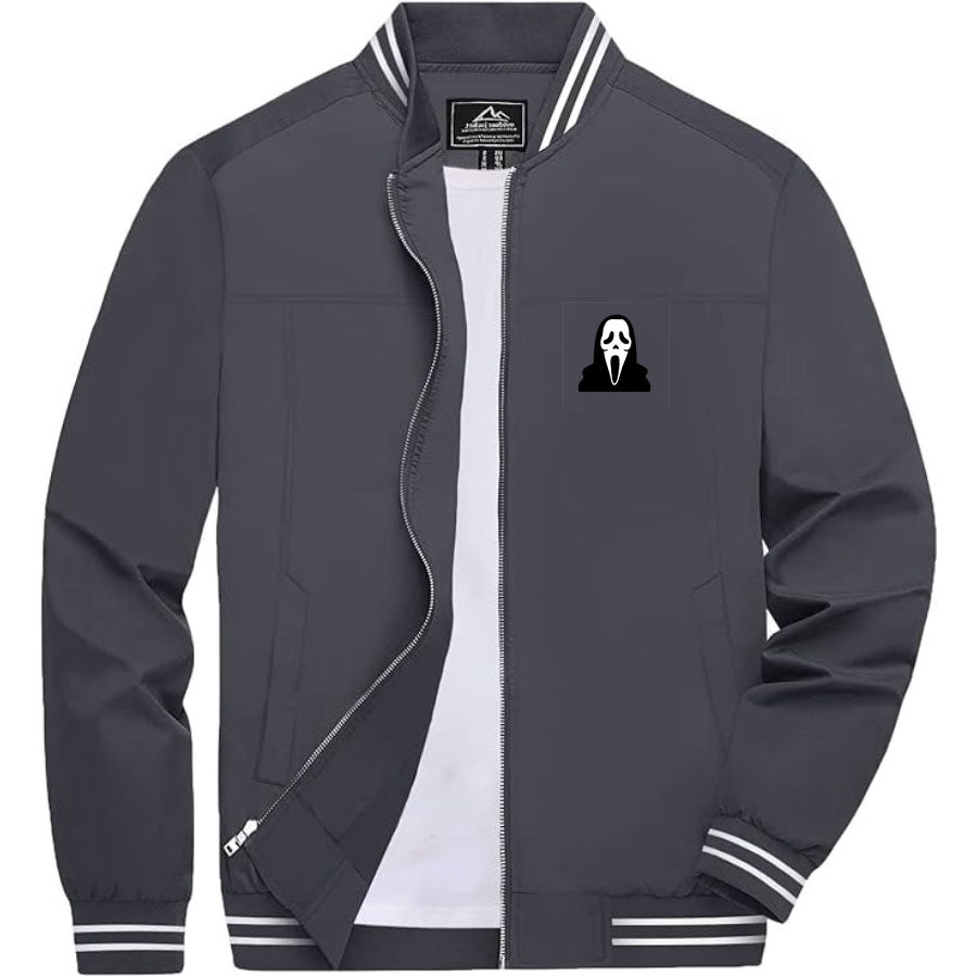 Men's Scream Ghostface Lightweight Zip-Up Bomber Jacket with Ribbed Collar and Cuffs - Versatile Casual Outerwear