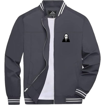 Men's Scream Ghostface Lightweight Zip-Up Bomber Jacket with Ribbed Collar and Cuffs - Versatile Casual Outerwear